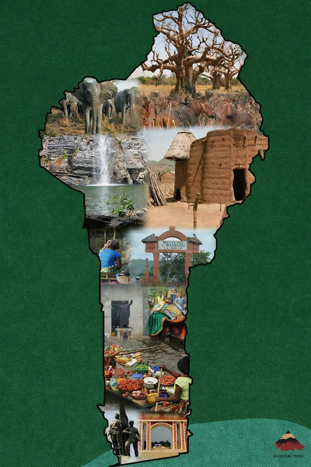 Illustration de la carte du Bénin composé de photographies du pays